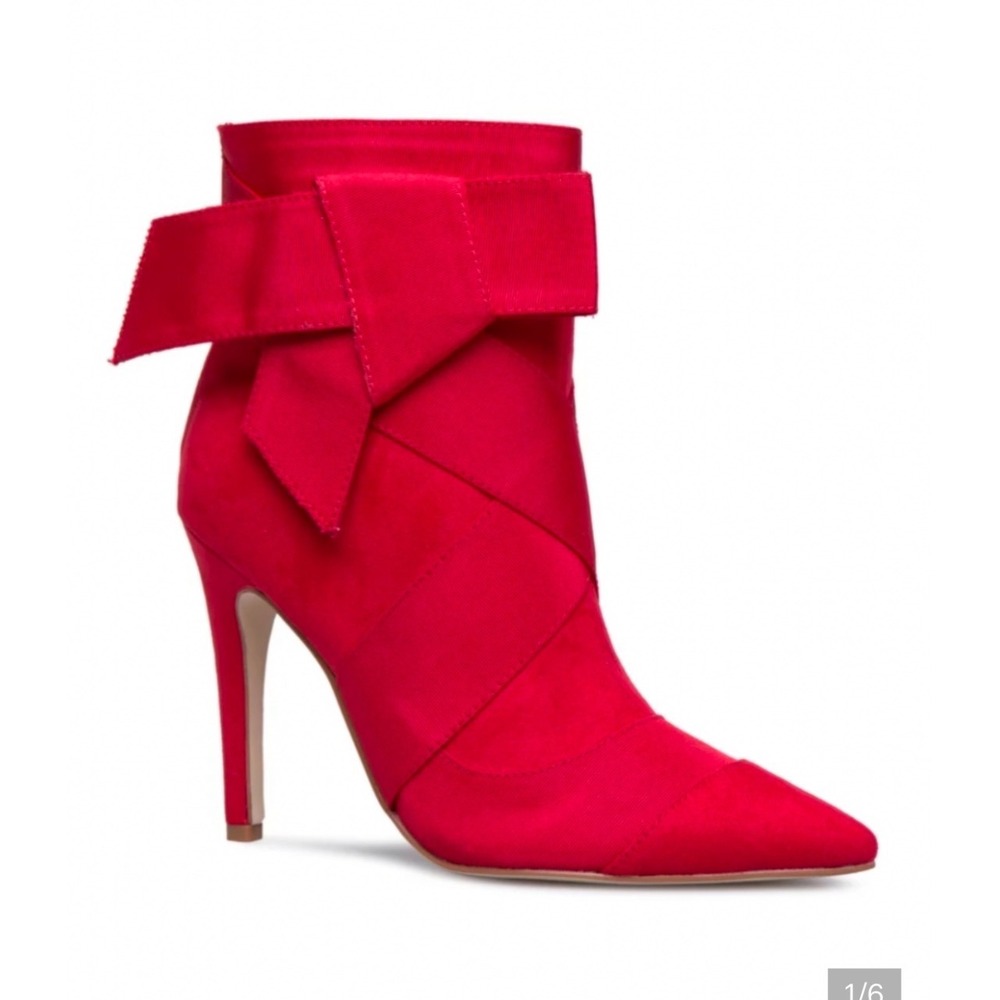 Shoedazzle  Red Bow Ankle Boots Pointed Toe‎ Stiletto Heel  Wrap Size 7.5